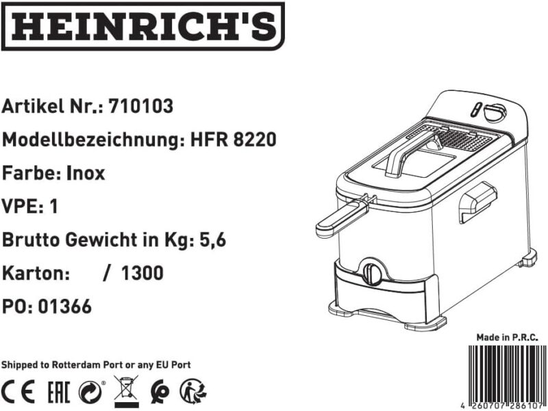 HEINRICH'S  HFR 8220 Fryer 3 liter 2000W, Stainlessteel Strong, Easy up to 190 'C,Robust Stainless Steel Housing, None Steak Coating, Oil Filter System incl Adjustable Thermostate. light Indicator - Image 7