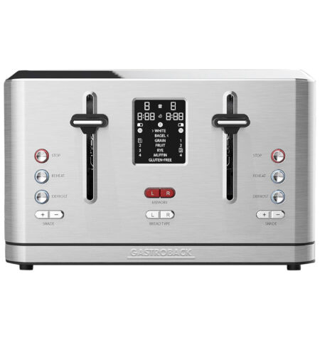 GASTROBACK 42396 Design Toaster Digital 4S, 4-Slices, Integrated Bun Attachment, 7 Toast Programmes, LCD Countdown Display, 950 Watt, Stainless Steel Case, Silver