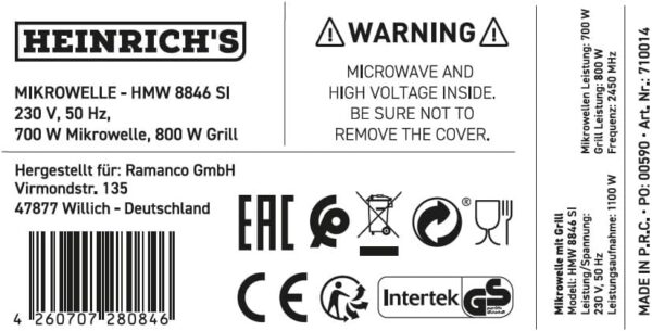 Heinrich's Microwave, Compact Microwave, 20 L Volume, 9 Power Levels, Includes 35 Min. Timer, Defrost Function, Interior Lighting, 360° Turntable, with Grill Function, 1000 W Power, Heinrich's HMW 8847 SI - Image 9