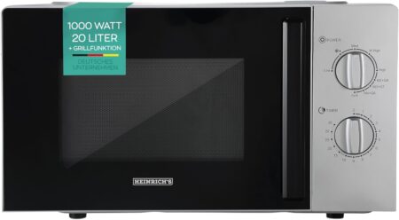 Heinrich's Microwave, Compact Microwave, 20 L Volume, 9 Power Levels, Includes 35 Min. Timer, Defrost Function, Interior Lighting, 360° Turntable, with Grill Function, 1000 W Power, Heinrich's HMW 8847 SI