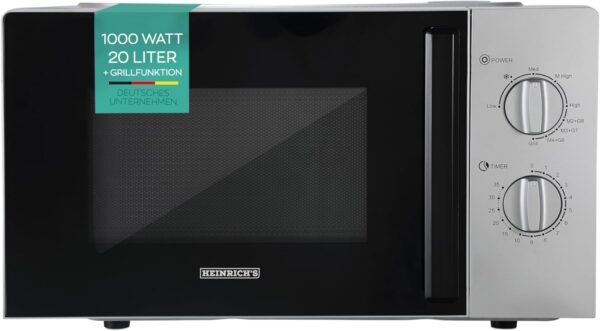 Heinrich's Microwave, Compact Microwave, 20 L Volume, 9 Power Levels, Includes 35 Min. Timer, Defrost Function, Interior Lighting, 360° Turntable, with Grill Function, 1000 W Power, Heinrich's HMW 8847 SI