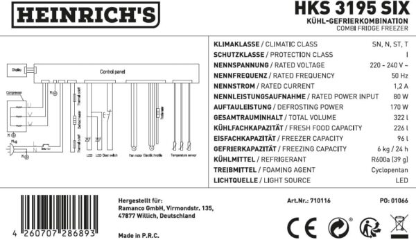 Heinrich´s Fridge Freezer Combination with 322 L with Freezer Volume96 L, Total No-FROST, LED Lighting, Door Hinge, Changeable, Quiet 35 dB, Large Freezer Boxes, (six) black (Black, 322) HKS 3195 - Image 11