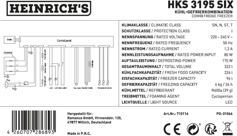 Heinrich´s Fridge Freezer Combination with 322 L with Freezer Volume96 L, Total No-FROST, LED Lighting, Door Hinge, Changeable, Quiet 35 dB, Large Freezer Boxes, (six) black (Black, 322) HKS 3195 - Image 11