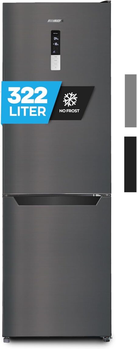 Heinrich´s Fridge Freezer Combination with 322 L with Freezer Volume96 L, Total No-FROST, LED Lighting, Door Hinge, Changeable, Quiet 35 dB, Large Freezer Boxes, (six) black (Black, 322) HKS 3195