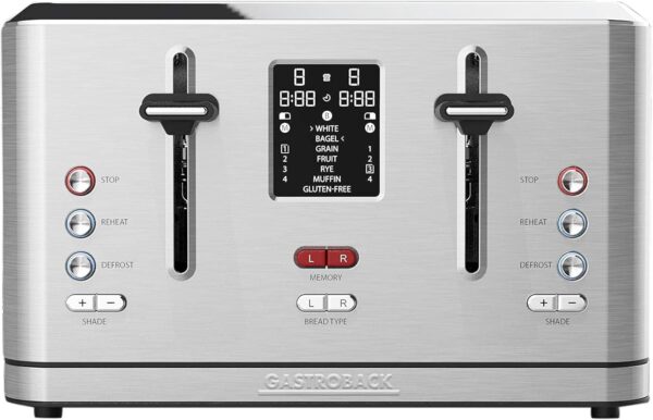 GASTROBACK 42396 Design Toaster Digital 4S, 4-Slices, Integrated Bun Attachment, 7 Toast Programmes, LCD Countdown Display, 950 Watt, Stainless Steel Case, Silver
