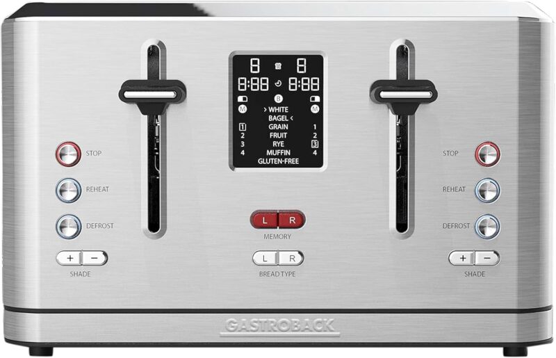 GASTROBACK 42396 Design Toaster Digital 4S, 4-Slices, Integrated Bun Attachment, 7 Toast Programmes, LCD Countdown Display, 950 Watt, Stainless Steel Case, Silver