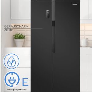 Heinrich´s Side-by-Side Fridge, Fridge Freezer Combination with 519 L Mega Total Volume, No-Frost, 185 L Freezing Volume, LED Lighting, LED Touch Control, Multi-Airflow System, HSBS 3097 Black