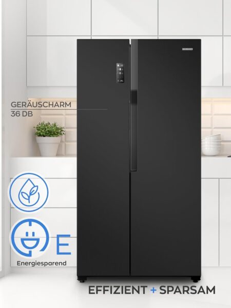 Heinrich´s Side-by-Side Fridge, Fridge Freezer Combination with 519 L Mega Total Volume, No-Frost, 185 L Freezing Volume, LED Lighting, LED Touch Control, Multi-Airflow System, HSBS 3097 Black