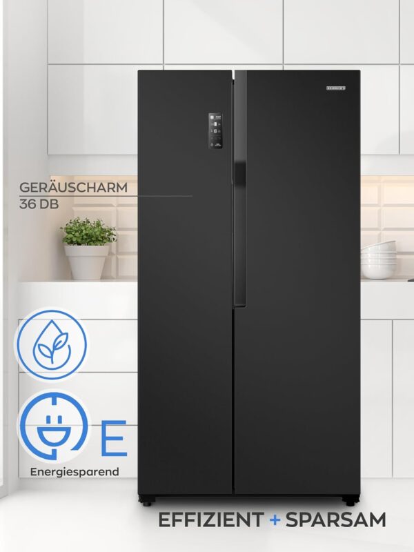 Heinrich´s Side-by-Side Fridge, Fridge Freezer Combination with 519 L Mega Total Volume, No-Frost, 185 L Freezing Volume, LED Lighting, LED Touch Control, Multi-Airflow System, HSBS 3097 Black
