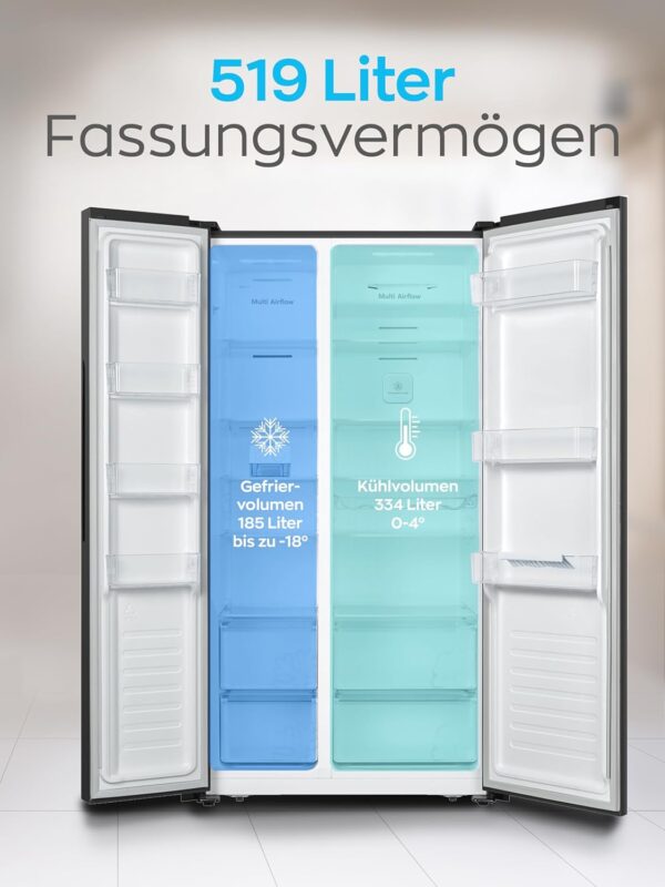 Heinrich´s Side-by-Side Fridge, Fridge Freezer Combination with 519 L Mega Total Volume, No-Frost, 185 L Freezing Volume, LED Lighting, LED Touch Control, Multi-Airflow System, HSBS 3097 Black - Image 6