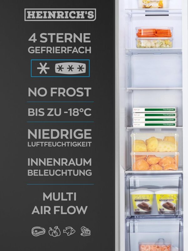 Heinrich´s Side-by-Side Fridge, Fridge Freezer Combination with 519 L Mega Total Volume, No-Frost, 185 L Freezing Volume, LED Lighting, LED Touch Control, Multi-Airflow System, HSBS 3097 Black - Image 3