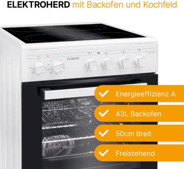 Bomann EHC 7939 Elektroherd, 50 cm Breit, 43 L, Glass Camper, 9 Backofen-Functions, White (779390) - Image 3