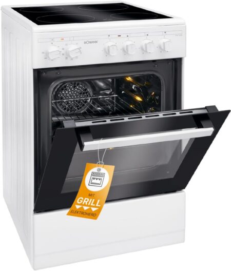 فرن كهربائي Bomann EHC 79390 بعرض 50 سم، سعة 43 لتر، سطح طهي زجاجي، 9 وظائف للفرن، اللون: أبيض (779390)