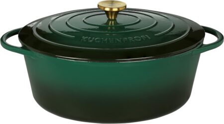 Küchenprofi Cast Iron Roasting Dish with Lid, Green/Black Inside, 33 cm, Dutch Oven, Bread Baking Pot, Enamelled, for Braising, Baking, Roasting,0402001133