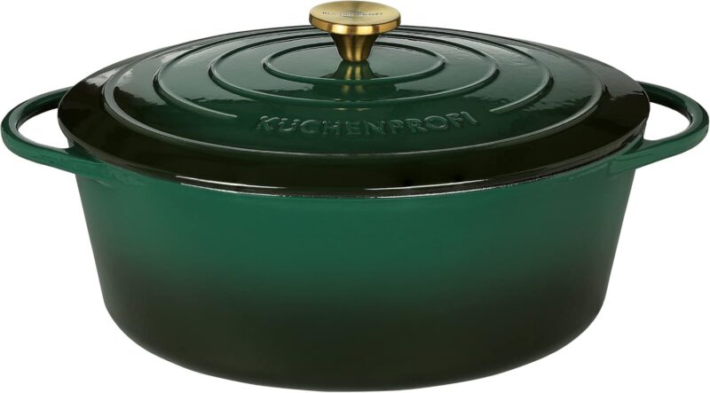 Küchenprofi Cast Iron Roasting Dish with Lid, Green/Black Inside, 33 cm, Dutch Oven, Bread Baking Pot, Enamelled, for Braising, Baking, Roasting,0402001133