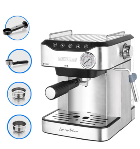 Heinrichs Espresso Machine, Barista Filter Holder Machine with 850 W, 20 Bar Pressure, Coffee Machine with Milk Frother, Double Spout, Removable Drip Grid, 1.6 L Water Tank, Warming Plate (Touch) - HES 8688