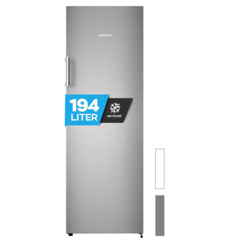 فريزر هاينريش – حماية No-Frost، مزود بـ 5 أدراج + حجرة واحدة إضافية، شاشة LED، نظام تدفق هواء متعدد (MultiAirflow)، باب قابل للعكس، إنذار، نطاق تجميد من -14° حتى -24°، باللون الفضي، تصميم قائم بذاته، موديل **HGS 3093 INOX** بسعة 194 لتر.