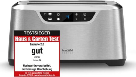 CASO Novea T4 Design Toaster Stainless Steel 4-Slice Toaster with Extra Wide Slots, with Motor Lift, Precise Adjustment with 9 Browning Levels, Includes Large Bun Attachment 2777