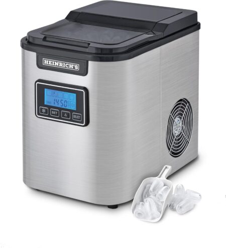 HEINRICHS Ice Cube Machine, Ice Cube Maker with Timer, 3 Adjustable Ice Cube Sizes, LCD Display, 2.2 Liter Water Tank, Self-Cleaning Function, Stainless Steel, 120 W Power HEM 8844