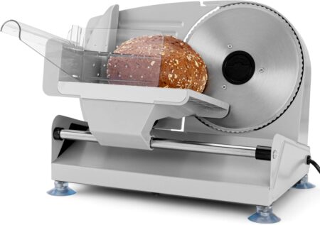 Clatronic  All-Metal Food Slicer/Rustproof Stainless Steel Blade (Diameter 190 mm),150 Watt, Universal Serrated Blade, Die-Cast Aluminium Motor Housing, Freely Adjustable Cutting (0-15 mm) MA 3585