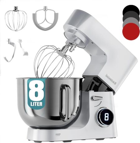 Heinrichs Food Processor, Kneading Machine, Dough Machine, 2500 W Kitchen Appliance, Double Dough Hook, Mixing Hook, Whisk, 8 Adjustable Speeds, XXL 8L Stainless Steel Bowl, Low Noise, Silver HKM 8080
