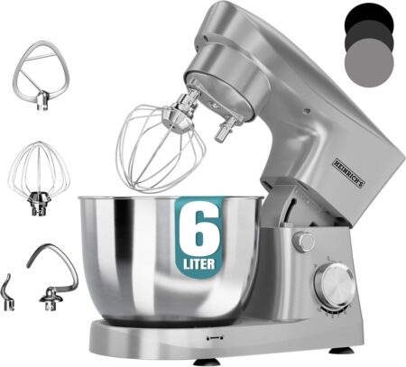 Heinrich´s Food Processor, Kneading Machine, Dough Machine, Mixing Machine, 1500 W Kitchen Appliance, Dough Hook, Mixing Hook, Whisk, 10 Adjustable Speeds, XL 6L Stainless Steel Bowl, Silent, Silver HKM 8077