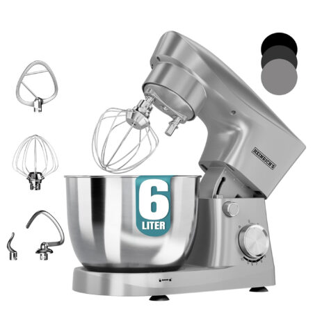 محضّر طعام هاينريش، ماكينة عجن وخلط العجين، جهاز مطبخ بقوة 1500 واط، مزوّد بخطاف للعجين وخطاف للخلط وخفّاقة، مع 10 سرعات قابلة للتعديل، ووعاء ستانلس ستيل بسعة XL ‏6 لتر، تشغيل هادئ، لون فضي – HKM 8077