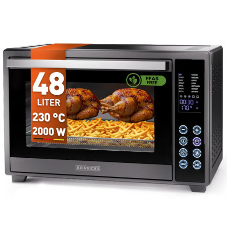 فرن متعدد الاستخدامات من هاينريش، فرن صغير بسعة 48 لتر مع إعادة تدوير الهواء، مؤقت حتى 8 ساعات، إضاءة داخلية، قابل لضبط الحرارة بين 100–230°م، مزوّد بلوحة تحكم باللمس، يشمل الملحقات، باللون الأسود، قدرة 2000 واط – موديل HMO 8406 (48 TOUCH)