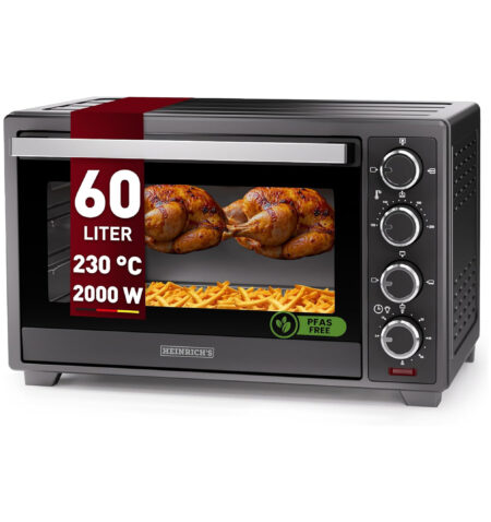 HMO 8407فرن متعدد الاستخدامات من هاينريش، فرن صغير بسعة 60 لتر، مزوّد بإعادة تدوير الهواء، مؤقت حتى 8 ساعات، إضاءة داخلية، قابل لضبط الحرارة بين 100–230°م، مع لوحة تحكم باللمس، يشمل الملحقات، باللون الأسود، قدرة 2000 واط (60 لتر)