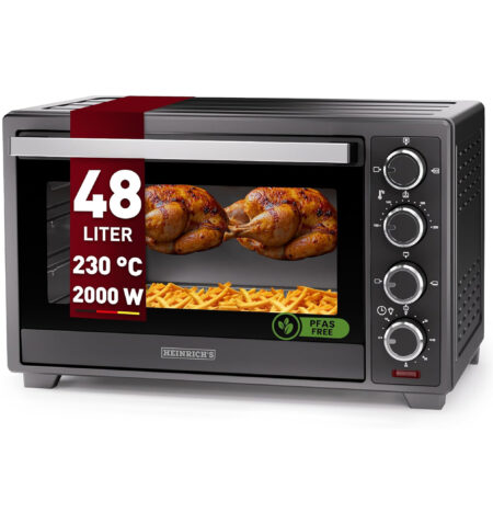 فرن صغير من هاينريش بسعة 48 لتر مع نظام الهواء الساخن (Convection) – فرن صغير مزوّد بالشواية الدوارة / ملحق Airfryer، يشمل مؤقت، إضاءة داخلية، قابل لضبط الحرارة بين 100–230°م، مع نافذة عرض كبيرة، يشمل الملحقات، باللون الأسود، قدرة 2000 واط – موديل HMO 8405