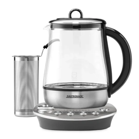 Gastroback Design Tea Aroma Plus, Kettle, Tea Maker, Tea Machine, 8 Tea Programmes (60 - 100 °C) 1.5 Litre Glass Container, 1,400 Watt, Glass, Silver, Black 42434
