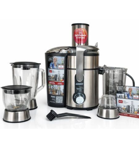 عصارة متعددة الوظائف Gastroback 40152 Design Multi Juicer Digital Plus، قدرة 1300 واط، 5 مستويات سرعة، وعاء لب 2 لتر، تشمل ملحقات مطحنة القهوة، التقطيع والخلاط