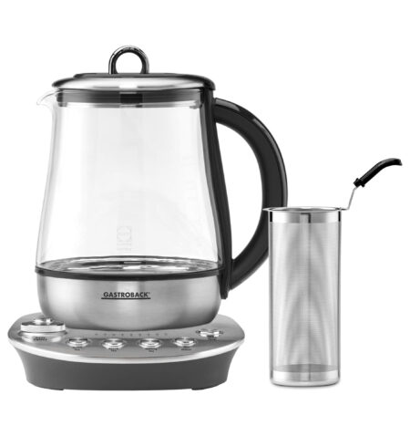 Gastroback Design Tea Aroma Plus, Kettle, Tea Maker, Tea Machine, 8 Tea Programmes (60 - 100 °C) 1.5 Litre Glass Container, 1,400 Watt, Glass, Silver, Black 42434